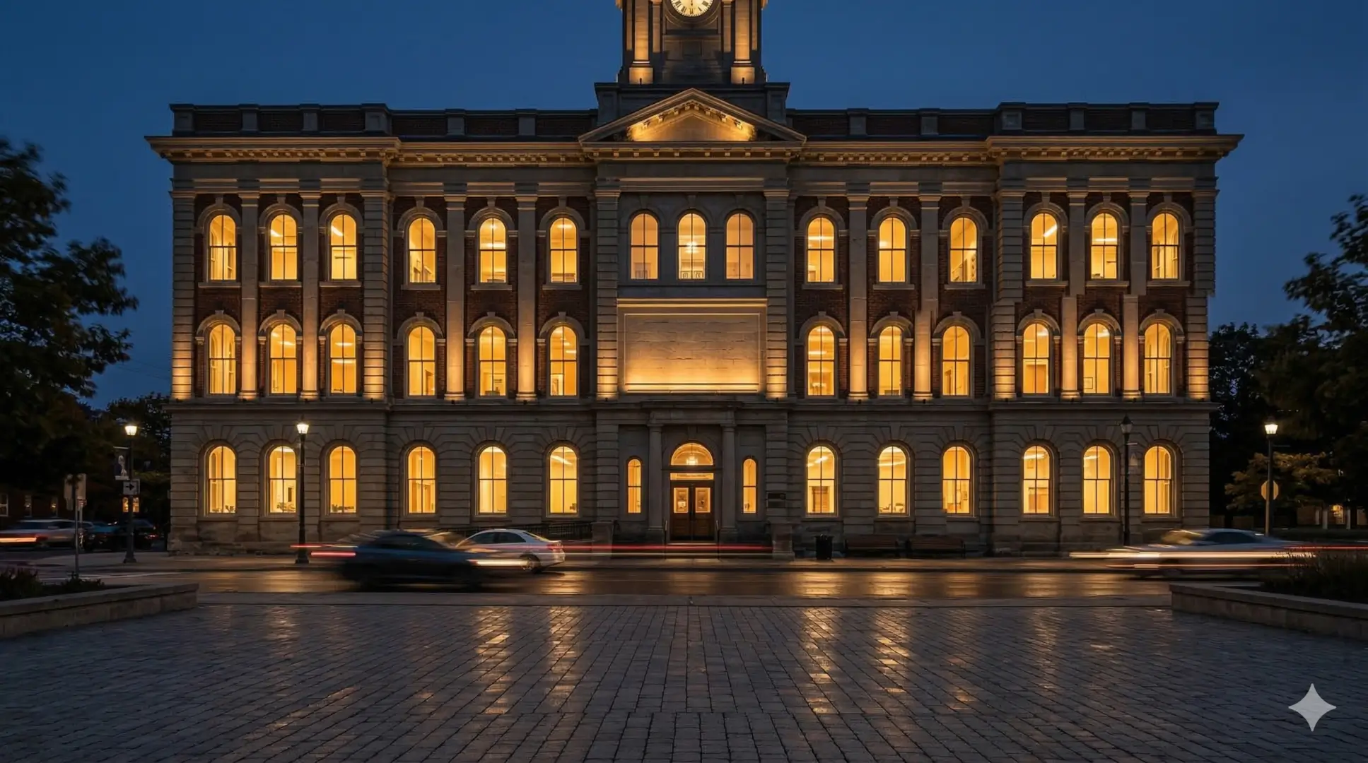 Established Sacramento office building at twilight
