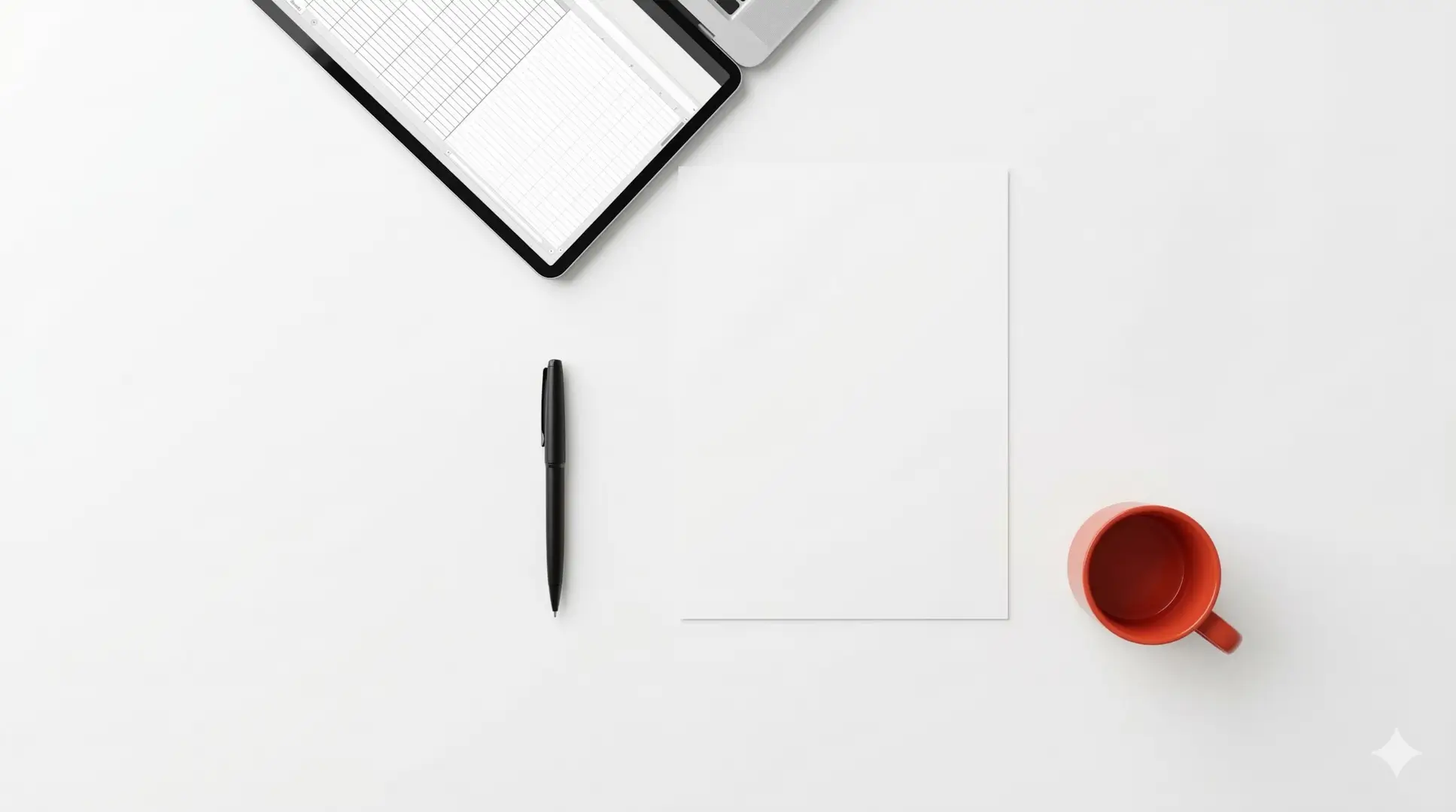 Clean desk with pen, document, laptop, and red mug