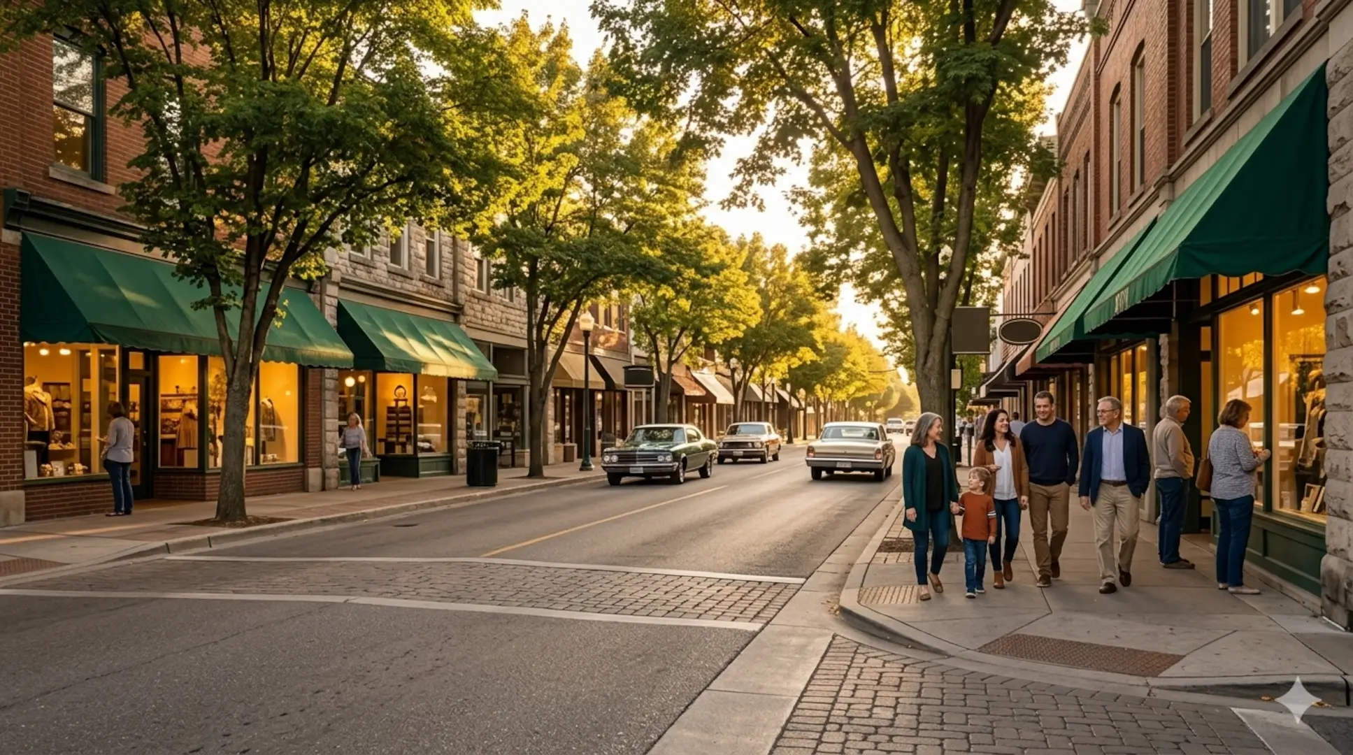 Tree-lined Sacramento neighborhood main street at golden hour