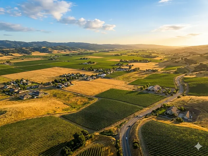 Sacramento Valley vineyards and farmland at golden hour