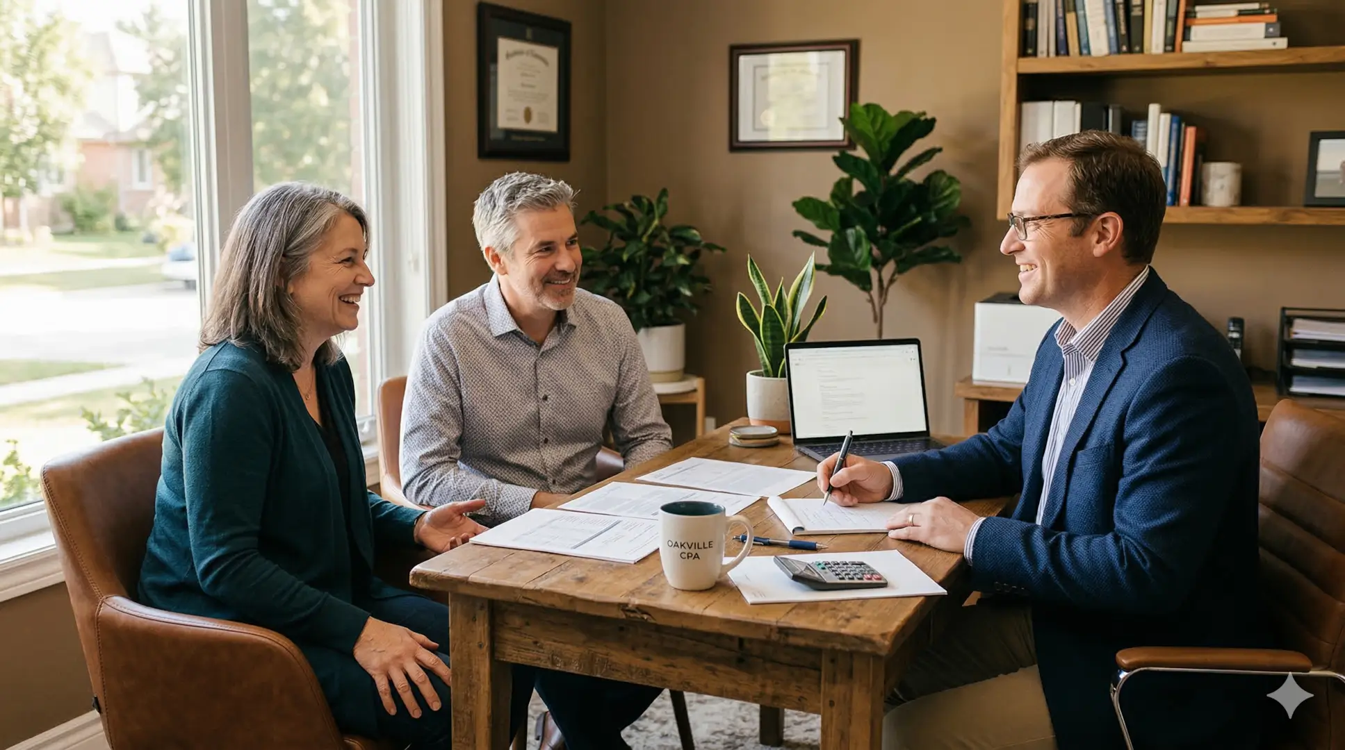 CPA meeting with clients in a warm, welcoming office