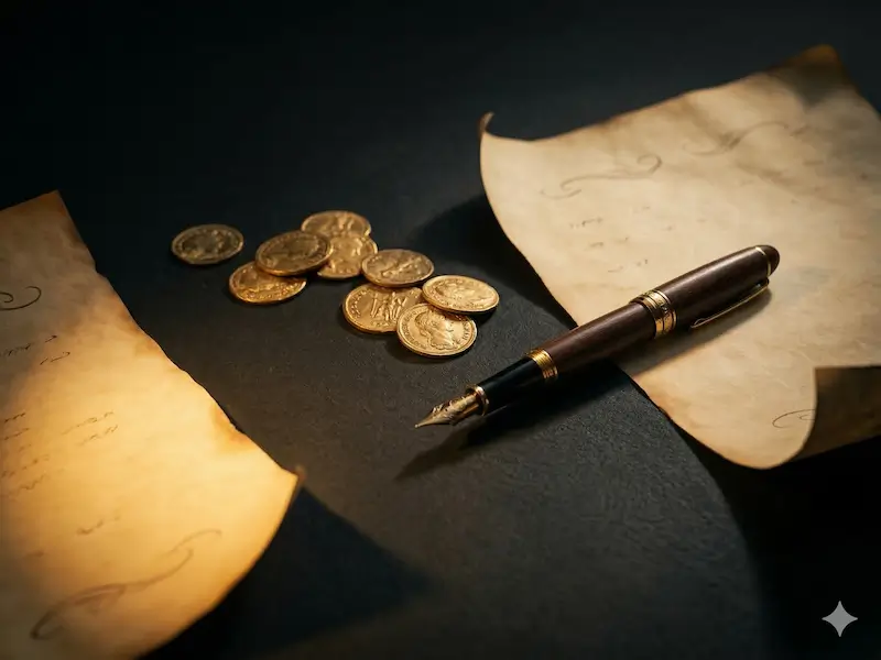 Fountain pen, gold coins, and aged documents